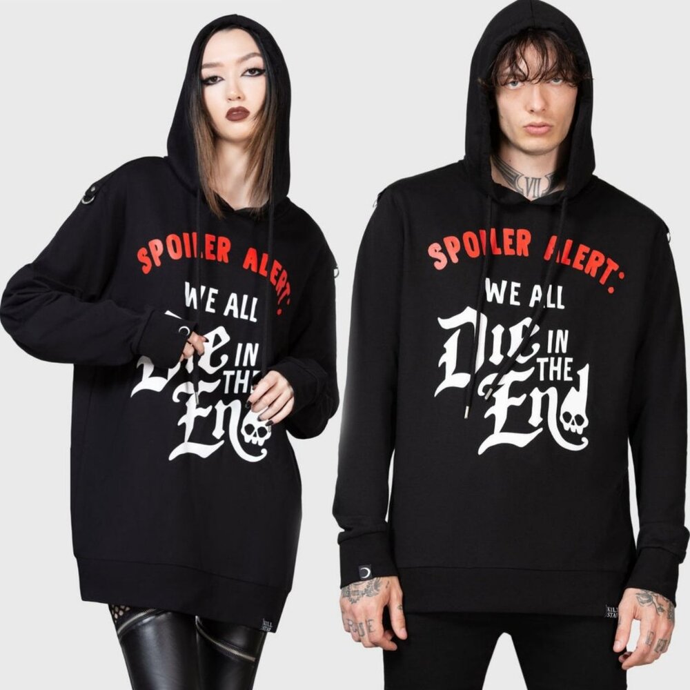 Killstar ✦ Spoiler Hoodie ✦ Black Gothic Graphic “We All Die” Statement Pullover